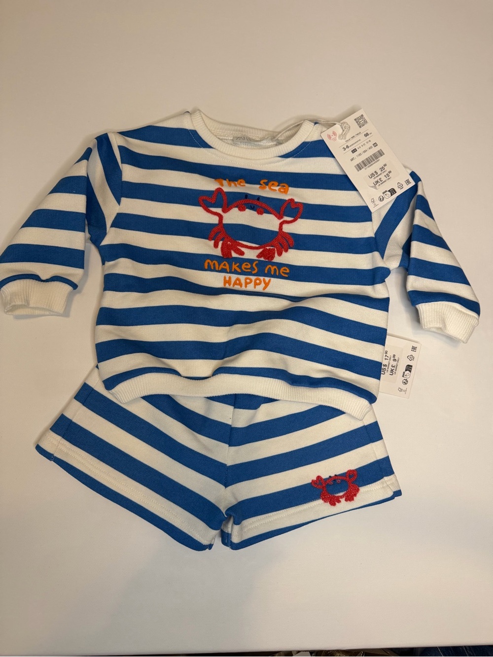 Zara Blue & White Striped Set with Red Crab Embroidery